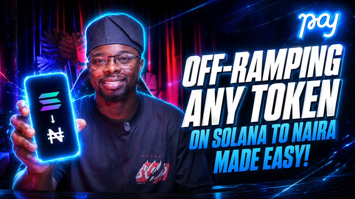 The image is a vibrant YouTube-style thumbnail featuring a smiling man in a black cap and t-shirt holding a glowing phone displaying the Solana logo converting to a Naira (₦) symbol, with bold neon text reading "OFF-RAMPING ANY TOKEN ON SOLANA TO NAIRA MADE EASY!" and a "PAJ" logo in the corner—visually reinforcing the post's message about PAJ's fast Solana-to-Naira conversion service.