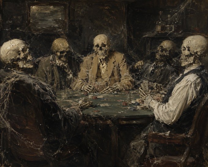 A dark, macabre oil painting depicting five skeletons dressed in tattered suits sitting around a green card table, playing cards in a cobweb-filled, gloomy room.