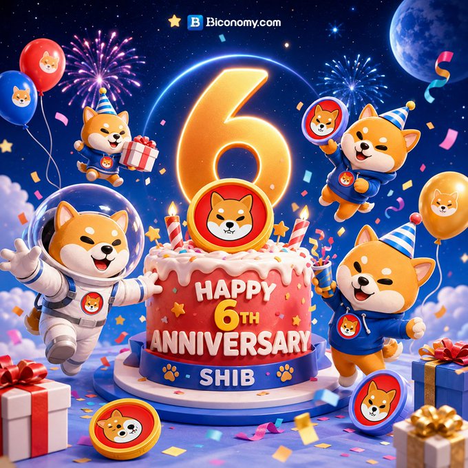 Shiba Inu 6th anniversary celebration graphic featuring Shiba Inu mascots in party hats around a "Happy 6th Anniversary" SHIB cake, with Biconomy.com branding.