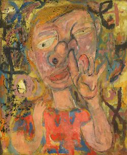 A colorful, expressionist-style painting depicting a figure with a distorted face holding up a hand with three fingers raised against an abstract background.