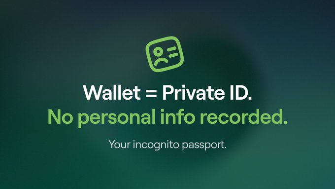 The image shows a green background with white text that reads "Your wallet = your private ID. No personal info recorded. Your memory is encrypted on your device. Not our servers. Private AI isn' just about hiding your conversations. It'S about owning the intelligence you build over time." The post appears to be promoting a privacy feature for smartphones, suggesting that users can protect their personal information by using this feature.