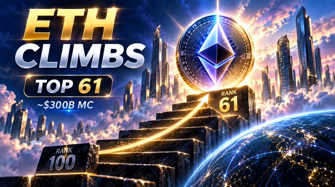 A digital illustration with text 'ETH CLIMBS TOP 61 ~$300B MC' and 'RANK 61', depicting an Ethereum coin ascending stone stairs from rank 100 against a futuristic cityscape.