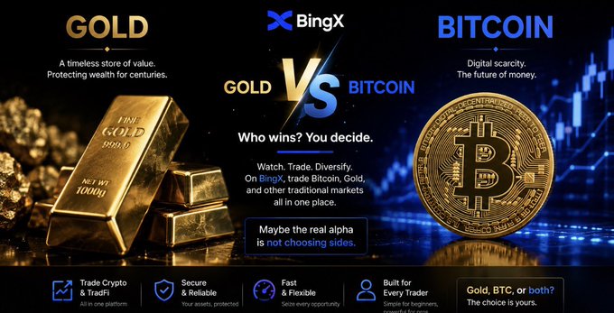 BingX cryptocurrency advertisement contrasting Gold and Bitcoin with text 'GOLD VS BITCOIN - Who wins? You decide.' and various features including 'Trade Crypto & TradFi', 'Secure & Reliable', 'Fast & Flexible', and 'Built for Every Trader'.