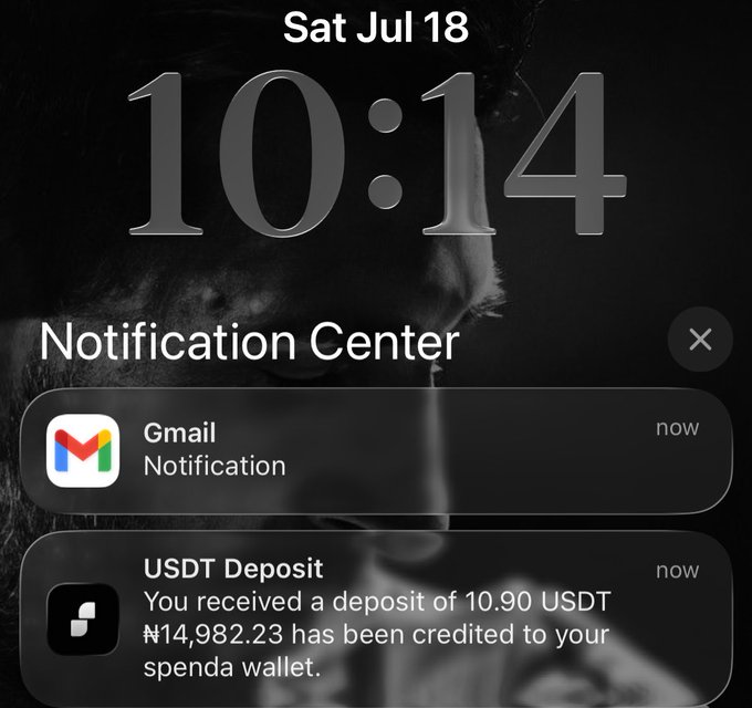 iOS lock screen at 10:14 on Sat Jul 18 showing notifications: a Gmail notification and a 'USDT Deposit' crediting 10.90 USDT (₦14,982.23) to a spend wallet.