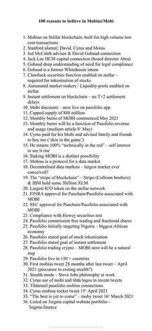 The image displays a numbered list titled "100 reasons to believe in Mobius/Mobi," highlighting connections between Mobius/MOBI cryptocurrency and major entities including Stellar blockchain, IBM, Stripe (Collision brothers), HMC capital, David Gobaud, and Passfolio, alongside claims about operations across 150+ countries and a Q2 2021 launch. The list supports the accompanying post's claims about Mobius's ties to QFS, Stellar, IBM, Stripe, Elon Musk, and African operations.