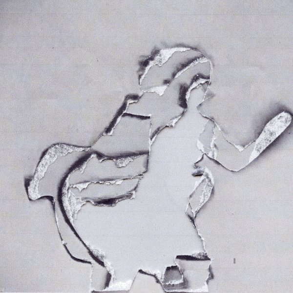 The image features a black and white drawing of a person's silhouette, which appears to be made out of paper cutouts or torn pieces. The drawing depicts a woman running with her arms raised high. The background of the image is a plain white wall, providing a stark contrast that makes the figure stand out. The post includes text that reads "I have just collected twirl ad infinitum" and "@annaxmalina on @objktcom #GIFARTDAY objkt.com/tokens/KT1 Pyck". This suggests that the image is part of a collection or series, possibly related to the artist's work or an event happening at the location where the drawing was created.