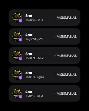 The image displays a transaction history showing multiple transfers of "-1M SIGMABULL" tokens sent to various recipient addresses (4k61...3ct4, yEWi...JxVo, XFZC...NGcD, IzDx...FgBO, and OYEc...RFSI), supporting the post's claim of a "$SIGMABULL airdrop" in progress. The repeated -1M token transfers align with the promotional post announcing an airdrop distribution after 24 hours.
