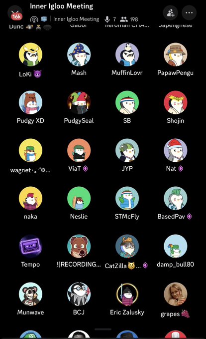 A screenshot of a Discord server voice channel called 'Inner Igloo Meeting' showing a grid of user avatars with names like LoKi, Mash, MuffinLovr, and PapawPengu.