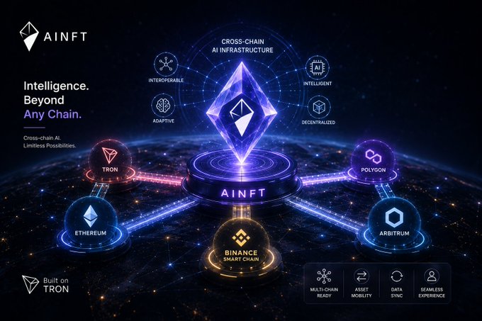 A promotional graphic for AINFT showing cross-chain AI infrastructure connecting Ethereum, Tron, Polygon, Arbitrum, and Binance Smart Chain with features like 'INTEROPERABLE', 'ADAPTIVE', 'INTELLIGENT', and 'DECENTRALIZED'. Text reads 'Intelligence. Beyond Any Chain. Cross-chain AI. Limitless Possibilities' and 'Built on TRON'.