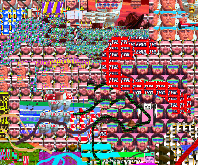 A chaotic, glitchy digital collage features repeated distorted faces, colorful static, and overlapping text fragments including "TONY" and other unreadable words.