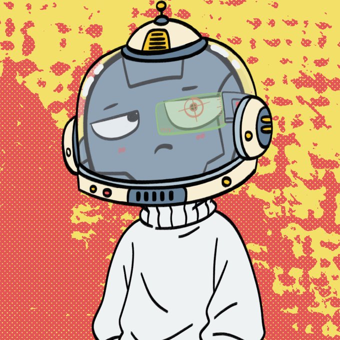 A cartoon robot character with a gray helmet featuring a targeting reticle eyepiece and antenna is depicted against a yellow and red halftone background. The image serves as a stylized avatar or mascot associated with a "GM!" (good morning) crypto/NFT project post teasing upcoming mint details under the ticker "PKO".