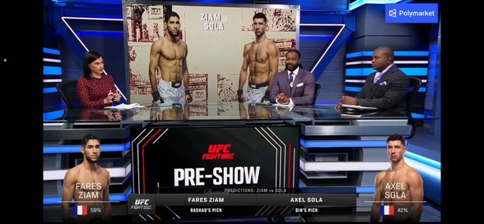 A UFC Fight Night pre-show broadcast features analysts discussing the Ziam vs. Sola bout, with Polymarket predictions showing Fares Ziam at 59% and Axel Sola at 42%.
