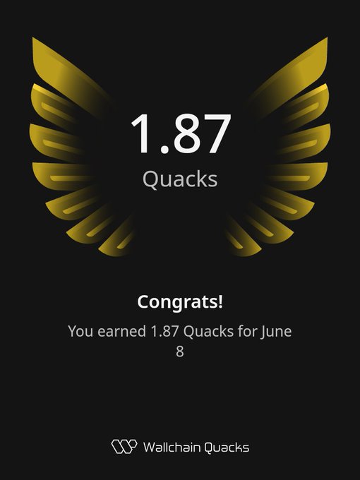 The image features a poster with an illustration of a bird's wing, which has the number 1.87 written below it. The text "concludes" indicates that the user has completed their writing for the day. The poster also includes a link to a website called "wallchainQuacks", suggesting that the content creator is a Quack who has been awarded Quacks on Wallchain.