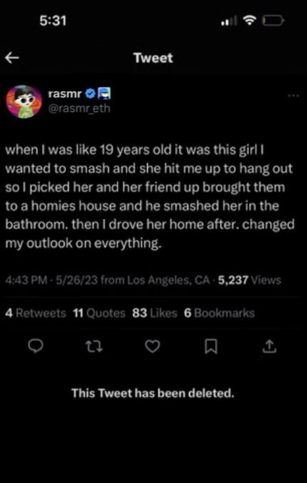 Screenshot of a deleted tweet from @rasmr_eth (@rasmr) dated 5/26/23 recounting a personal story about a 19-year-old experience, which has since been removed from the platform.