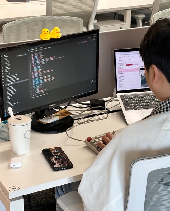 A person sits at a desk working on a dual-screen setup with a desktop monitor showing code and a laptop, with rubber duck emojis added to the image.