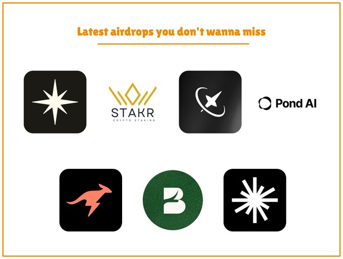 The image displays "Latest airdrops you don't wanna miss" as its header, featuring logos of six cryptocurrency projects including STAKR, Pond AI, and others arranged in a grid layout.

The graphic visually complements the post by showcasing various crypto projects associated with airdrop opportunities, such as the BulkTrade/Bulk project mentioned, serving as a promotional overview of notable airdrops in the crypto space.