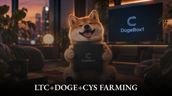 A promotional image featuring a smiling Shiba Inu dog holding a laptop displaying the 'DogeBox1' logo, with text reading 'LTC+DOGE+CYS FARMING' in a cozy living room setting.