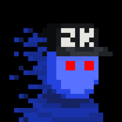 A pixel art image of a blue ghost-like character wearing a black cap with the white number '2K' on it, with red eyes and a fragmented, glitching body.