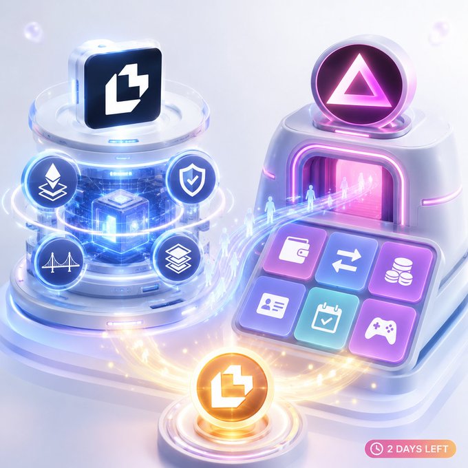 A futuristic 3D illustration featuring crypto/blockchain icons, a gamepad, and app icons on platforms, with a '2 DAYS LEFT' notification.