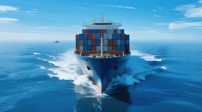 A large container ship loaded with colorful shipping containers sails through bright blue ocean waters under a clear sky.