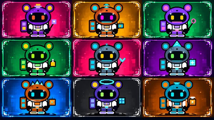 A 3x3 grid displays nine variations of a cute pixel-art robot bear character, each in a different color scheme and holding different small items.