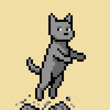 A pixel art animation of a gray cat standing on its hind legs against a yellow background.
