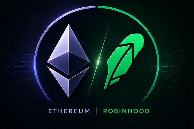 The image displays a split graphic featuring the Ethereum logo (purple diamond) alongside the Robinhood feather logo (green), separated by a glowing light streak, with the text "ETHEREUM | ROBINHOOD" below—visually representing the partnership or synergy between the two platforms highlighted in the post about Robinhood's Layer-2 network boosting Ethereum's momentum.