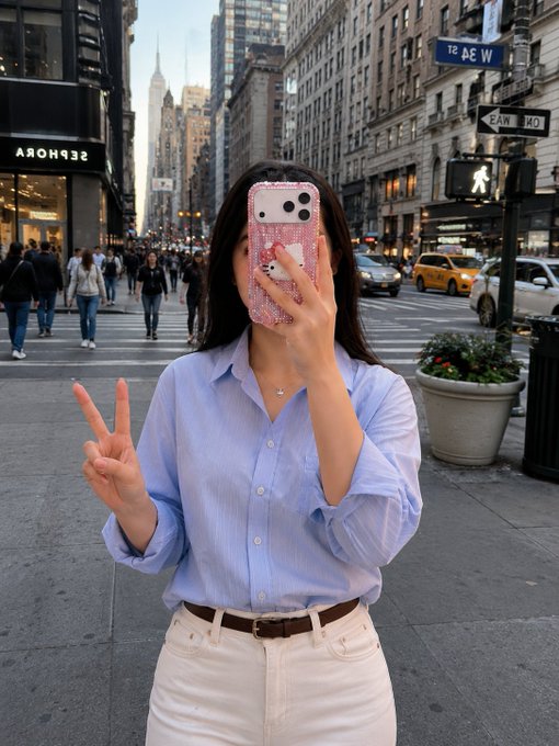 A young woman taking a cheerful selfie in a bustling New York City street, holding up a peace sign with her phone obscured by a sparkly pink case, perfectly matching the uplifting weekend vibe of the post that wishes friends a good morning and promises a prosperous August.