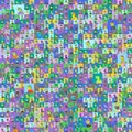 A small, pixelated image consisting of a chaotic mix of green, blue, purple, and white squares.