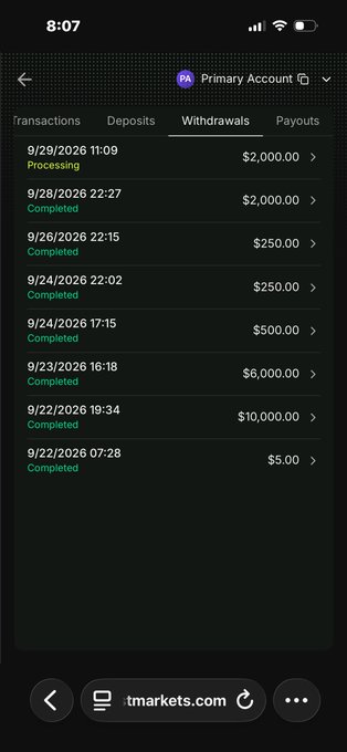 A mobile phone screenshot shows the 'Withdrawals' tab on itmarkets.com with a list of transactions including a $2,000 processing withdrawal and a $10,000 completed withdrawal.