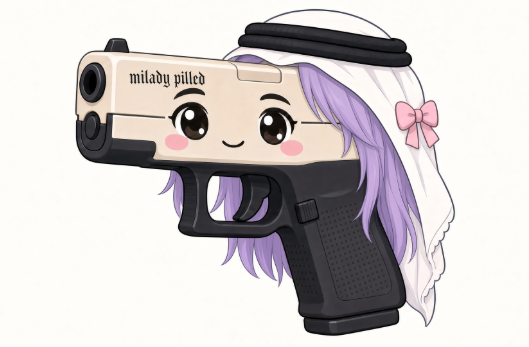 An anime-style chibi illustration of a girl with purple hair wearing a white headscarf and holding a large handgun with the text 'milady filled' on the slide.