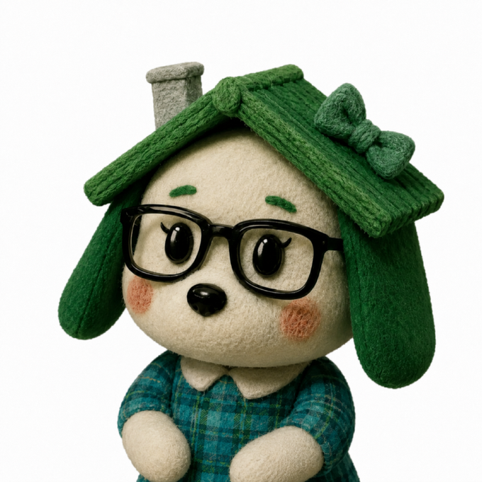 A plush toy of a cream-colored dog character wearing black glasses, a green knit hat with bow, and a blue plaid shirt.