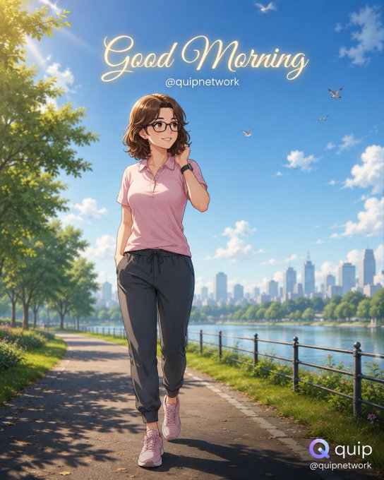 An anime-style 'Good Morning' illustration posted by @quipnetwork showing a woman in a pink polo shirt, glasses, and gray pants walking on a path near water with a city skyline in the background.
