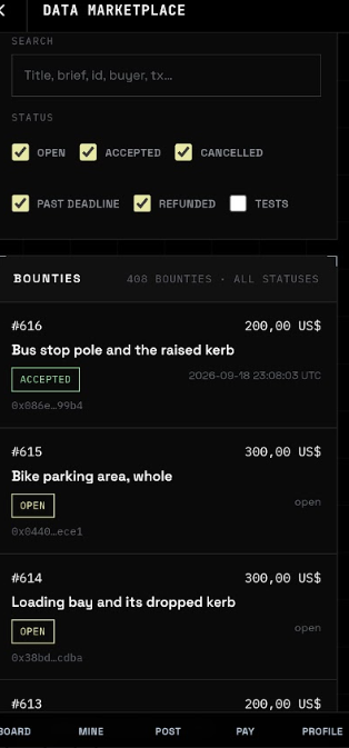 A screenshot of a 'DATA MARKETPLACE' interface displaying a list of bounties, with status filters for 'OPEN', 'ACCEPTED', and 'CANCELLED', and entries like '#616 Bus stop pole and the raised kerb' for 200.00 US$ and '#615 Bike parking area, whole' for 300.00 US$.