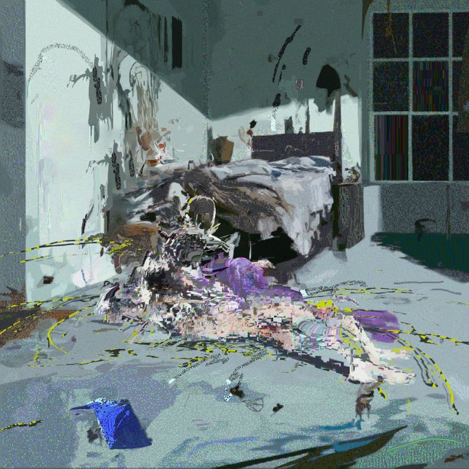 A highly stylized, distorted digital artwork depicting a messy bedroom scene with a bed, debris, and abstract visual artifacts, reminiscent of glitch art or data moshing.