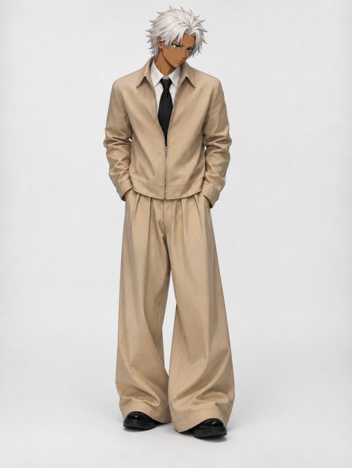 A person models a tan, zip-up jacket and matching wide-leg trousers over a black shirt and tie, paired with black shoes.