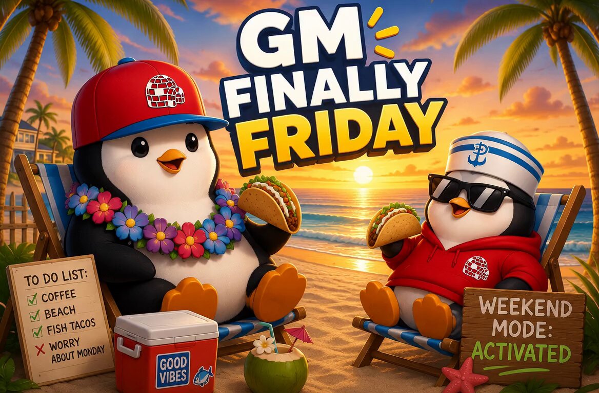 The image features two penguins sitting on beach chairs, with a tropical background featuring palm trees and a sunset. The text "GM Finally Friday" is displayed above the penguins, indicating that they are enjoying their time at the beach. Additionally, there's a sign in the bottom right corner of the image that reads "Focus on what is in the image and how it relates to the post."