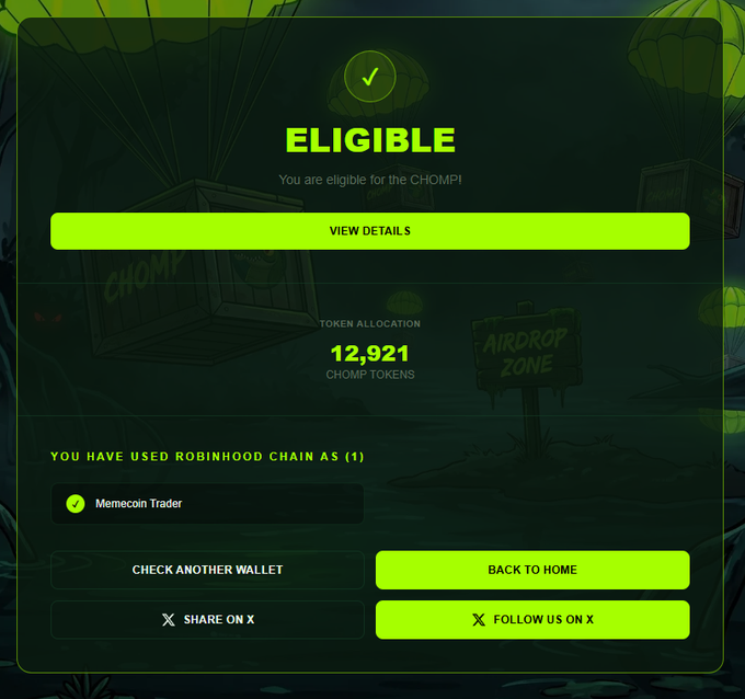 A screenshot from check.chompcoin.fun showing an "ELIGIBLE" status with a token allocation of 12,921 CHOMP tokens for a Memecoin Trader who used Robinhood Chain, reinforcing the post's suggestion that Robinhood Chain users check their wallets for potential airdrop rewards.