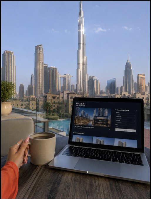 A hand holds a coffee mug beside a laptop displaying "DUBAI PROPERTIES" listings, with the Burj Khalifa towering over the city skyline in the background, visually tying together the post's message about technology reshaping real estate in the UAE through tokenization, AI management, and real-time investment tracking.