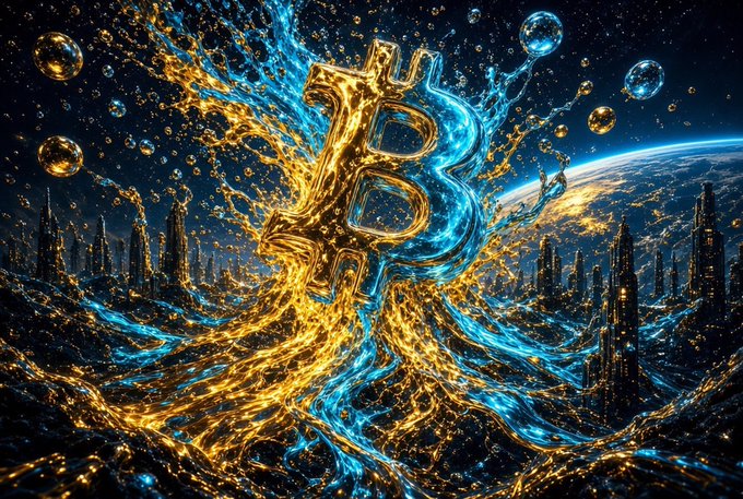 A stylized Bitcoin symbol splashes through glowing orange and blue liquid waves against a cosmic backdrop featuring Earth, futuristic city skylines, and floating golden orbs. The dynamic, fluid imagery visually reinforces the "$LiquidBitcoinToken" branding as a vibrant, high-energy meme project on Solana.