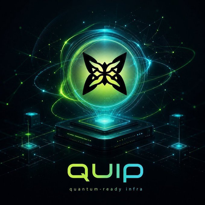 A futuristic logo design for 'QUIP - quantum-ready infra' featuring a green butterfly emblem with glowing circular rings on a dark tech-inspired background.