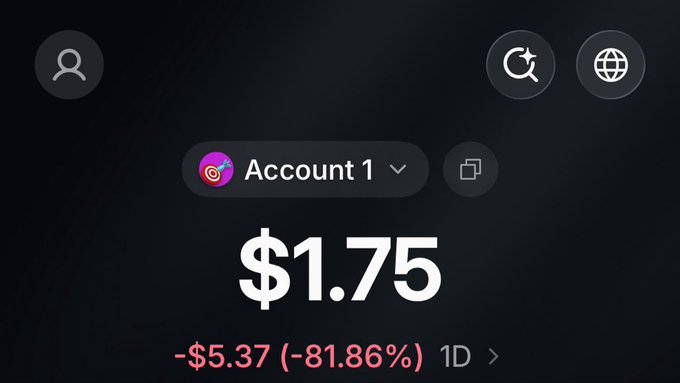 The image shows a crypto wallet app displaying an account balance of $1.75, down $5.37 (-81.86%) in the last day—illustrating the steep losses from trading meme coins that prompted the poster to swear off them for good.