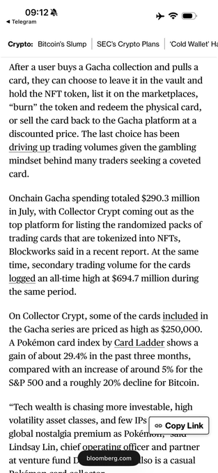 The image shows a Bloomberg article screenshot discussing how Collector Crypt's Gacha NFT card platform drove $290.3 million in July on-chain spending, with secondary trading volume reaching an all-time high of $694.7 million. The article highlights how some Gacha series cards are priced up to $250,000 (like the Pokémon index up 29.4%), noting that "tech wealth is chasing more investable, high volatility asset classes," which supports the post's claim that Collector Crypt is a key driver of activity on Solana's network.