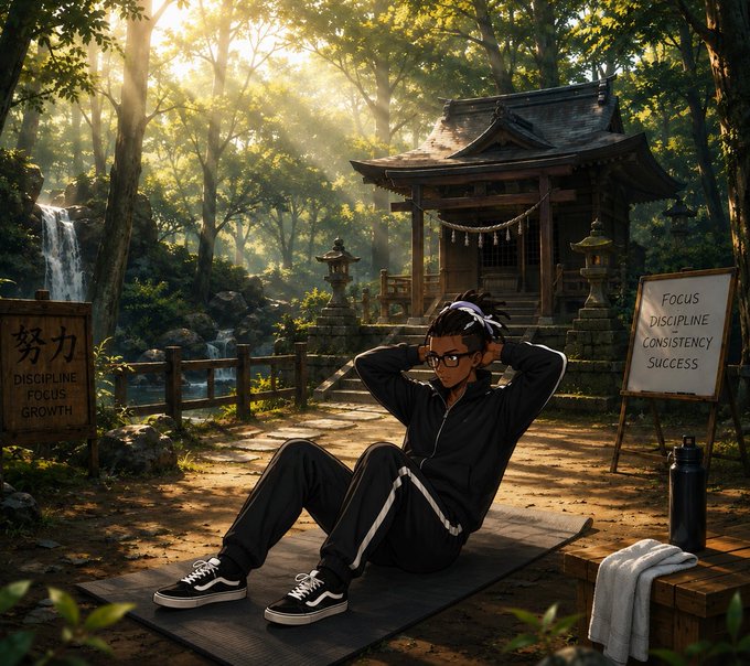 An anime-style illustration of a young man with dreadlocks wearing a black tracksuit and sunglasses, doing sit-ups on a yoga mat in a serene forest setting with a Japanese shrine, waterfall, and motivational signs reading 'DISCIPLINE FOCUS GROWTH' and 'FOCUS DISCIPLINE CONSISTENCY SUCCESS'.