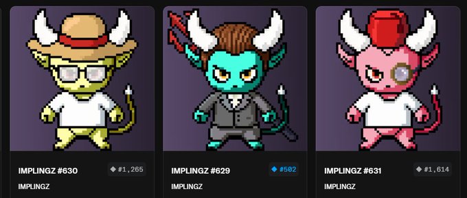 Three pixel art NFT avatars from the 'IMPLINGZ' collection (#830, #629, #631), depicting horned demons wearing various outfits like a straw hat and suit, with varying rarity scores and prices.