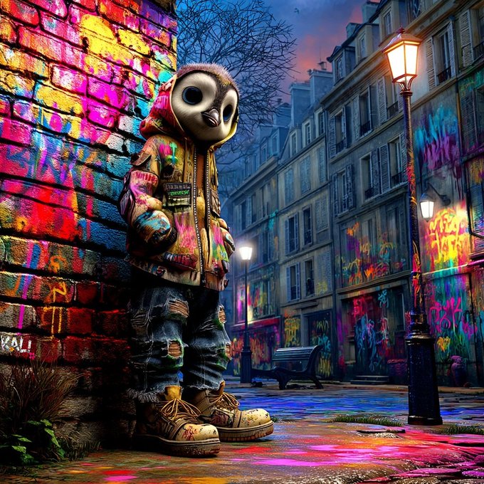 A child wearing an owl mask and a paint-splattered jacket and boots stands against a vibrant graffiti-covered brick wall, with classic Parisian-style buildings and a streetlamp in the background at dusk.