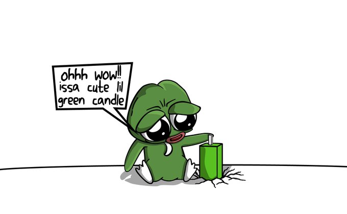 A cartoon illustration of a sad green creature with large teary eyes sitting on the ground next to a melting green candle, with a speech bubble reading 'ohhh WOW!! issa cute lil green candle'.