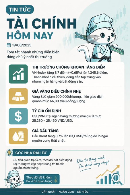 A Vietnamese financial news infographic titled 'TIN TỨC TÀI CHÍNH HÔM NAY' dated 19/08/2025, featuring a cartoon character and summaries of stock market, gold, currency, and oil price changes.