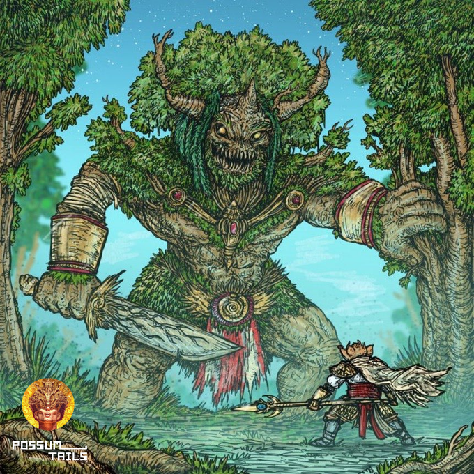 A fantasy illustration titled 'POSSUM TAILS' showing a massive, moss-covered tree-like monster wielding a giant blade, facing a small warrior with a spear in a forest setting.