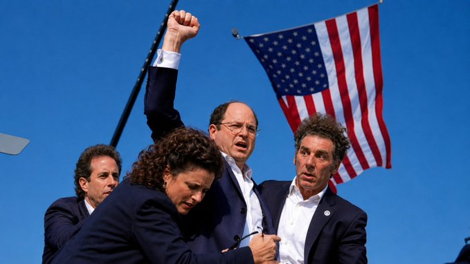 A group of men and a woman celebrate triumphantly on a rooftop with an American flag in the background, while one man raises his fist in the air. The image references George Costanza from the television show *Seinfeld*, connecting to the $GEORGE cryptocurrency post about a meme token inspired by the iconic character.